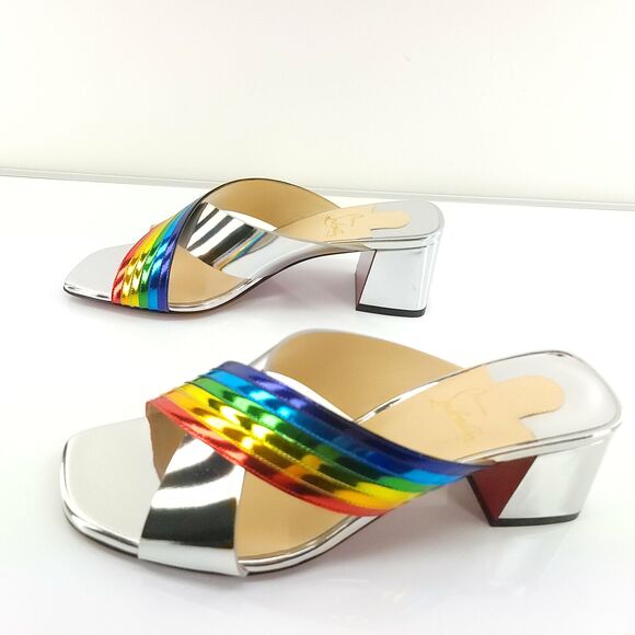 Christian Louboutin Arkenmule 55 Silver Rainbow Slide Sandal SZ 38.5 NIB - Picture 10 of 12